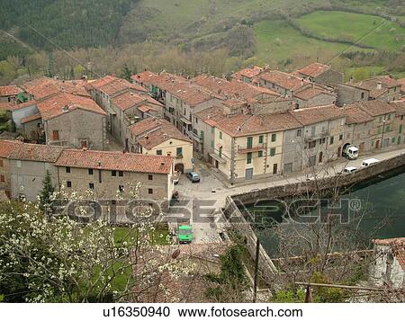 Stock Image -  Tuscany, Italy, Santa Fiora, Toscana, Europe, View of the medieval village of Santa Fiora in Tuscany.. Fotosearch