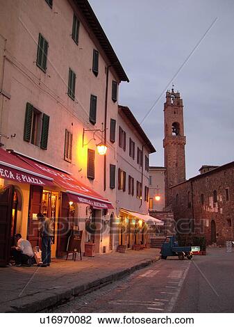 Tuscany, Montalcino, Toscana, Italy, Europe, Piazza del Popolo in the evening in the hilltop town of Montalcino in Tuscany. View Large Photo Image Stock Image - Tuscany, Montalcino, Toscana, Italy, Europe, Piazza del Popolo in the evening in the hilltop town of Montalcino in Tuscany.. Fotosearch