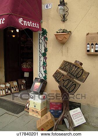 Stock Image -  Tuscany, Montalcino, Toscana, Italy, Europe, Wine tasting shops in the town of Montalcino.. Fotosearch