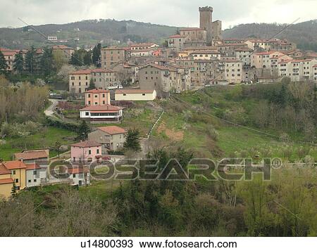 Stock Image -  Tuscany, Toscana, Italy, Arcidosso, Europe, Scenic view of the medieval village of Arcidosso in Tuscany.. Fotosearch