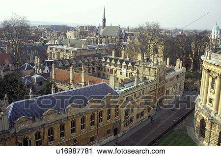 Stock Image -  University of Oxford, Oxford, England, Great Britain, United Kingdom, Europe, View of Radcliffe Camera and Lincoln College from St. Mary the Virgin in Oxford, Britain's oldest university town.. Fotosearch