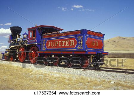 Picture -  UT, Utah, Golden Spike National Historic Site, Jupiter Train, Promontory Summit, the place where the Union Pacific and Central Pacific rails met to form the nation's first transcontinental railroad. Fotosearch