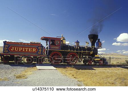 Stock Image -  UT, Utah, Golden Spike National Historic Site, Jupiter Train, Promontory Summit, the place where the Union Pacific and Central Pacific rails met to form the nation's first transcontinental railroad. Fotosearch