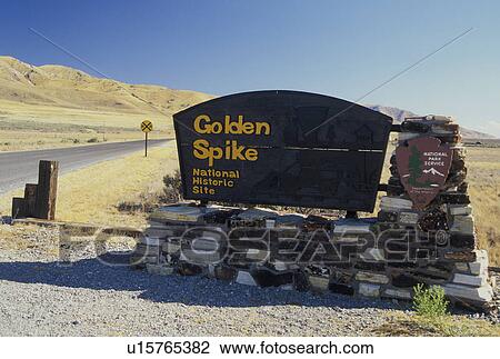 Stock Image -  UT, Utah, Golden Spike National Historic Site, Promontory Summit, the place where the Union Pacific and Central Pacific rails met to form the nation's first transcontinental railroad. Fotosearch
