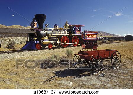 Stock Photo -  UT, Utah, Golden Spike National Historic Site, Jupiter Train, Promontory Summit, the place where the Union Pacific and Central Pacific rails met to form the nation's first transcontinental railroad. Fotosearch