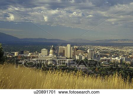 Stock Image -  Utah, UT, Salt Lake City, Aerial view of downtown skyline of Salt Lake City.. Fotosearch