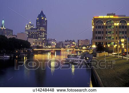 WI, Wisconsin, Milwaukee, Milwaukee River, downtown, skyline, evening View Large Photo Image Stock Photo - WI, Wisconsin, Milwaukee, Milwaukee River, downtown, skyline, evening. Fotosearch