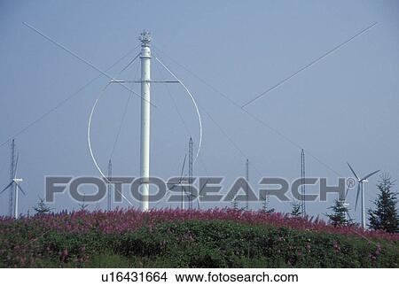Picture -  windmill, Gaspe Peninsula, Gulf of St. Lawrence, Quebec, Cap Chat, Canada, The Aeolian of Cap Chat is said to be the tallest and most powerful vertical axis turbine in the world at Windmill Park in Cap Chat on the Gaspe Peninsula in Quebec.. Fotosearch