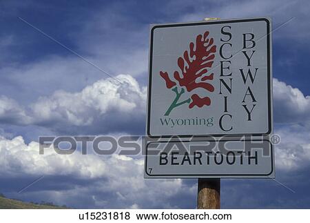 WY, Wyoming, Beartooth Highway Scenic Byway, sign View Large Photo Image Stock Photo - WY, Wyoming, Beartooth Highway Scenic Byway, sign. Fotosearch