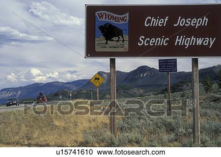 Stock Image -  WY, Wyoming, Chief Joseph Scenic Highway, sign. Fotosearch