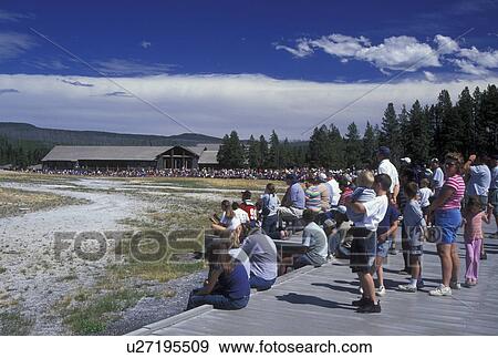 Yellowstone National Park, WY, Wyoming, Old Faithful Geyser, Upper Geyser Basin, crowd of people View Large Photo Image Stock Photo - Yellowstone National Park, WY, Wyoming, Old Faithful Geyser, Upper Geyser Basin, crowd of people. Fotosearch