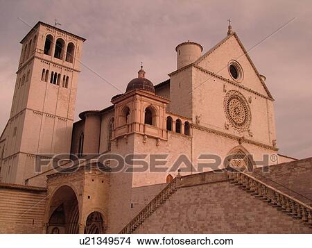 Picture -  Assisi, Umbria, Italy, Europe, Basilica di San Francesco (Basilica of St. Francis of Assisi) and the Sacro Convento in the medieval hill town of Assisi.. Fotosearch