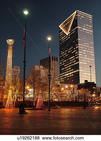 Atlanta, GA, Georgia, Centennial Park, 1996 Summer Olympics, downtown skyline, evening, Christmas decorations View Large Photo Image Stock Photo - Atlanta, GA, Georgia, Centennial Park, 1996 Summer Olympics, downtown skyline, evening, Christmas decorations. Fotosearch