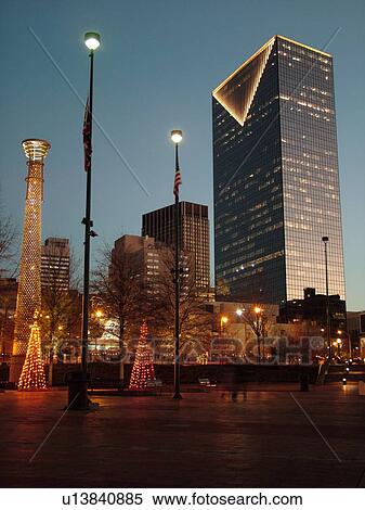 Atlanta, GA, Georgia, Centennial Park, 1996 Summer Olympics, downtown skyline, evening, Christmas decorations View Large Photo Image Stock Photography - Atlanta, GA, Georgia, Centennial Park, 1996 Summer Olympics, downtown skyline, evening, Christmas decorations. Fotosearch