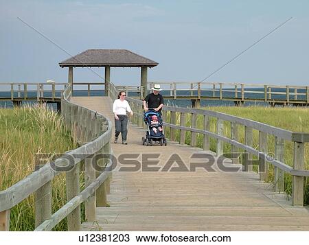 Stock Image -  Bouctouche, New Brunswick, Canada, Acadian Coastal Drive, La Dune de Bouctouche, Irving Eco-Centre, Boardwalk across the sand dunes along Bouctouche Bay.. Fotosearch