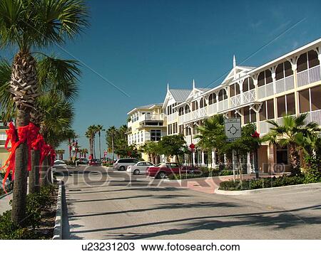 Stock Image -  Bradenton Beach, FL, Florida, Longboat Key, village, shops. Fotosearch