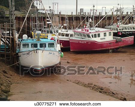 Stock Image -  Canada, New Brunswick, Alma, Bay of Fundy, Highest tide in the world (48 feet), fishing boats. Fotosearch