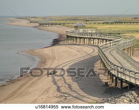Stock Photography -  Canada, New Brunswick, Bouctouche, Acadian Coastal Drive, La Dune de Bouctouche, Irving Eco-Centre, Boardwalk across the sand dunes along Bouctouche Bay.. Fotosearch