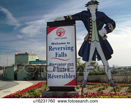 Stock Image -  Canada, New Brunswick, Saint John, Bay of Fundy, Reversing Falls Welcome Center sign in St. John. Fotosearch