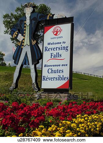 Stock Photo -  Canada, New Brunswick, Saint John, Bay of Fundy, Reversing Falls Welcome Center sign in St. John. Fotosearch