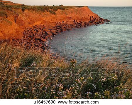 Stock Image -  Canada, Prince Edward Island, Queens County, Gulf of Saint Lawrence, Cavendish Beach, Prince Edward Island National Park, scenic coastline, early morning light. Fotosearch