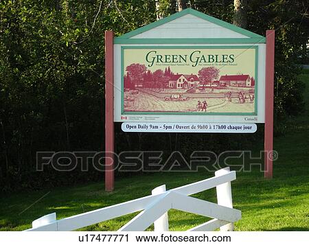 Stock Image -  Canada, Prince Edward Island, Queens County, Cavendish, Prince Edward Island National Park, Green Gables, sign, Anne of Green Gables. Fotosearch