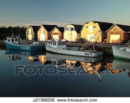 Stock Photograph -  Canada, Prince Edward Island, Queens County, Gulf of Saint Lawrence, New London, fishing village, harbor, fishing boats, marina, reflection. Fotosearch