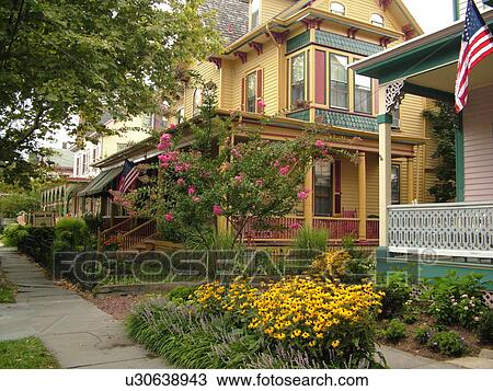 Stock Image -  Cape May, NJ, New Jersey, Historic District, guest houses. Fotosearch
