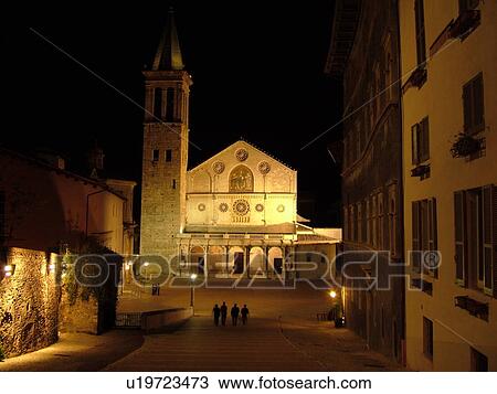 Stock Image -  cathedral, Spoleto, Italy, Umbria, Europe, The cathedral is illuminated at night in the medieval city of Spoleto.. Fotosearch