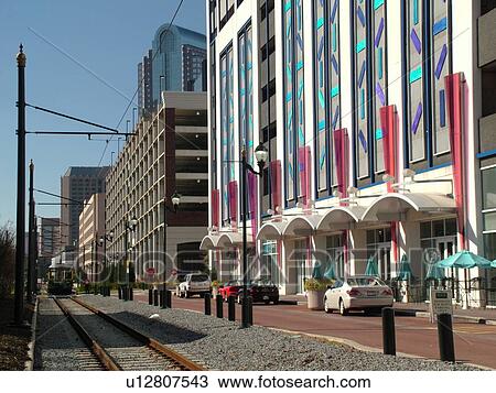 Stock Image -  Charlotte, NC, North Carolina, downtown, Charlotte Trolley, Center City Circuit electric shuttle bus, Uptown. Fotosearch