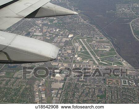 Stock Photo -  Chicago, Il, Illinois, Des Plaines River, Aerial view of Pal-Waukee Airport from an airplane. Fotosearch