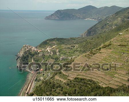Cinque Terre, Corniglia, Liguria, Italy, Riviera di Levante, Ligurian Riviera, Europe, Scenic view of Corniglia, a Cinque Terre village, along the steep rocky coastline of the Ligurian Sea. View Large Photo Image Stock Photography - Cinque Terre, Corniglia, Liguria, Italy, Riviera di Levante, Ligurian Riviera, Europe, Scenic view of Corniglia, a Cinque Terre village, along the steep rocky coastline of the Ligurian Sea.. Fotosearch