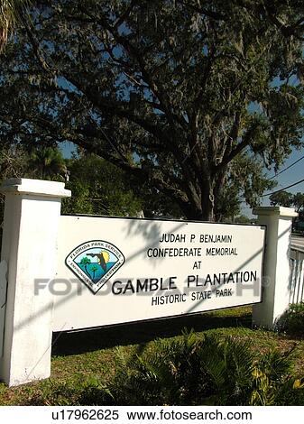 Stock Photography -  Ellenton, FL, Florida, Gamble Plantation Historic State Park and Judah P. Benjamin Confederate Memorial, entrance sign. Fotosearch