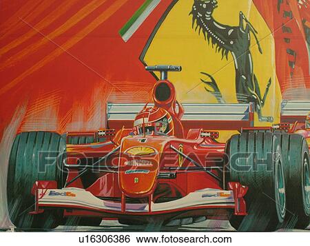Stock Photograph -  Emilia-Romagna, Italy, Maranello, Europe, Wall mural of a Ferrari and the Ferrari symbol on the side of a building in the town of Maranello.. Fotosearch