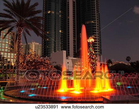 Fort Lauderdale, FL, Florida, downtown, Bubier Park, Musical Fountain, Christmas Tree, evening View Large Photo Image Stock Image - Fort Lauderdale, FL, Florida, downtown, Bubier Park, Musical Fountain, Christmas Tree, evening. Fotosearch