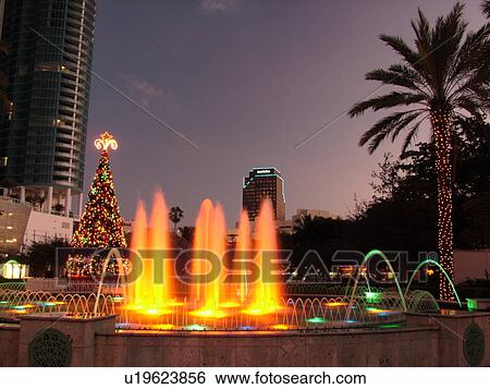 Fort Lauderdale, FL, Florida, downtown, Bubier Park, Musical Fountain, Christmas Tree, evening View Large Photo Image Stock Photograph - Fort Lauderdale, FL, Florida, downtown, Bubier Park, Musical Fountain, Christmas Tree, evening. Fotosearch