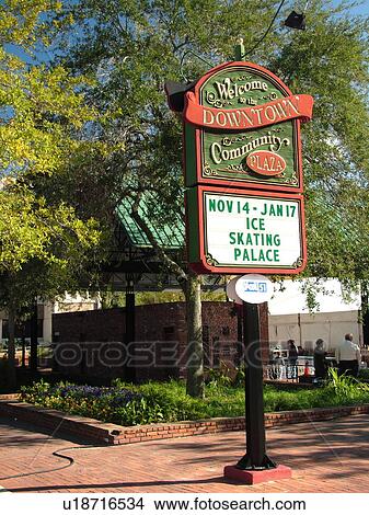 Picture -  Gainesville, FL, Florida, Welcome to the Downtown Community Plaza, sign in downtown. Fotosearch