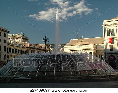 Genoa, Italy, Genova, Liguria, Europe, The bronze fountain in the Piazza de Ferrari in the city of Genoa. View Large Photo Image Stock Photo - Genoa, Italy, Genova, Liguria, Europe, The bronze fountain in the Piazza de Ferrari in the city of Genoa.. Fotosearch