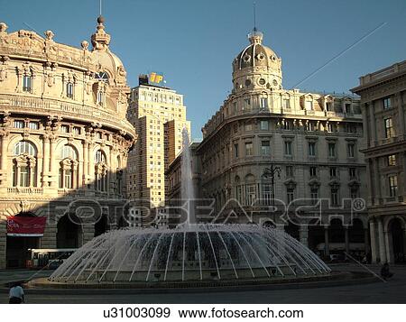 Genoa, Italy, Genova, Liguria, Europe, The bronze fountain in the Piazza de Ferrari in the city of Genoa. View Large Photo Image Stock Photo - Genoa, Italy, Genova, Liguria, Europe, The bronze fountain in the Piazza de Ferrari in the city of Genoa.. Fotosearch