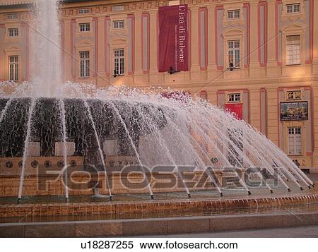 Genoa, Italy, Liguria, Genova, Europe, The bronze fountain in the Piazza de Ferrari in the city of Genoa. View Large Photo Image Stock Photography - Genoa, Italy, Liguria, Genova, Europe, The bronze fountain in the Piazza de Ferrari in the city of Genoa.. Fotosearch