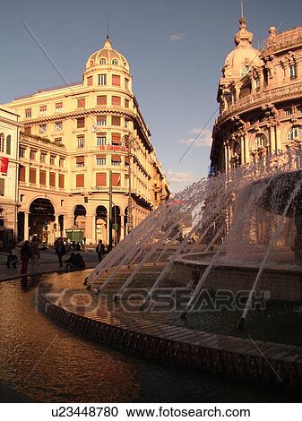 Genoa, Liguria, Italy, Genova, Europe, The bronze fountain in the Piazza de Ferrari in the city of Genoa. View Large Photo Image Stock Image - Genoa, Liguria, Italy, Genova, Europe, The bronze fountain in the Piazza de Ferrari in the city of Genoa.. Fotosearch
