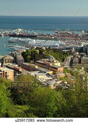 Genoa, Liguria, Italy, Genova, Europe, View of the harbor and ferry terminal of Genoa along the Ligurian Sea. View Large Photo Image Stock Image - Genoa, Liguria, Italy, Genova, Europe, View of the harbor and ferry terminal of Genoa along the Ligurian Sea.. Fotosearch