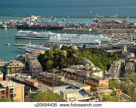Genoa, Liguria, Italy, Genova, Europe, View of the harbor and ferry terminal of Genoa along the Ligurian Sea. View Large Photo Image Stock Photography - Genoa, Liguria, Italy, Genova, Europe, View of the harbor and ferry terminal of Genoa along the Ligurian Sea.. Fotosearch