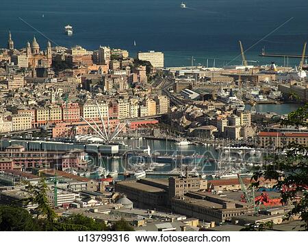 Stock Photograph -  Genova, Genoa, Liguria, Italy, Europe, View of the city and the harbor of Genoa along the Ligurian Sea.. Fotosearch
