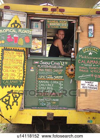 Stock Image -  Hauula, Oahu, HI, Hawaii, North Shore, Seafood Kiosk, shrimp shack. Fotosearch