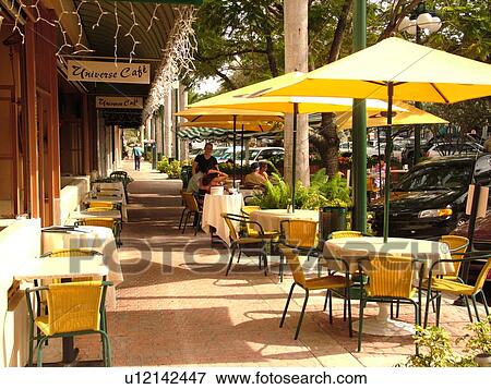 Stock Photo -  Hollywood, FL, Florida, Downtown Hollywood, shops along Hollywood Boulevard, outdoor cafT. Fotosearch