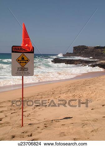 Picture -  Honolulu, Oahu, HI, Hawaii, Windward O'ahu, Koko Head Regional Park, Sandy Beach Park, Kalanianaole Highway, warning sign, swimming beach. Fotosearch