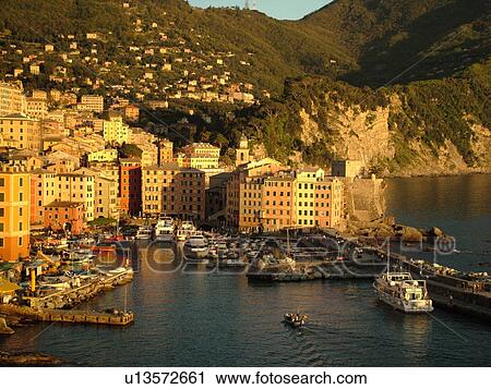 Italy, Camogli, Liguria, Riviera di Levante, Ligurian Riviera, Europe, Scenic view of the fishing port in the resort town of Camogli along the Ligurian Sea. View Large Photo Image Stock Image - Italy, Camogli, Liguria, Riviera di Levante, Ligurian Riviera, Europe, Scenic view of the fishing port in the resort town of Camogli along the Ligurian Sea.. Fotosearch