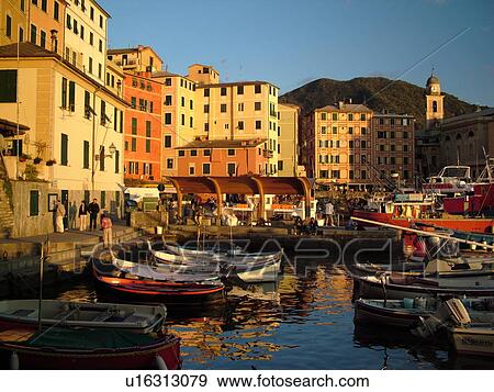 Italy, Camogli, Riviera di Levante, Liguria, Ligurian Riviera, Europe, Fishing boats moored in the fishing port in the resort town of Camogli along the Ligurian Sea. View Large Photo Image Stock Photo - Italy, Camogli, Riviera di Levante, Liguria, Ligurian Riviera, Europe, Fishing boats moored in the fishing port in the resort town of Camogli along the Ligurian Sea.. Fotosearch