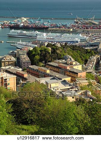 Stock Photo -  Italy, Genova, Genoa, Liguria, Europe, View of the harbor and ferry terminal of Genoa along the Ligurian Sea.. Fotosearch